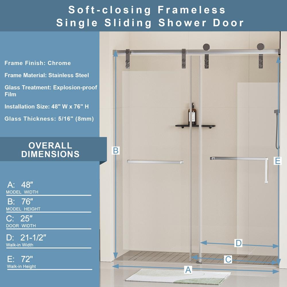 EAKYHOM 48 in. W x 76 in. H Soft Closing Single Sliding Frameless Shower Door in Chrome Finish w/ 5/16 in. Tempered Clear Glass