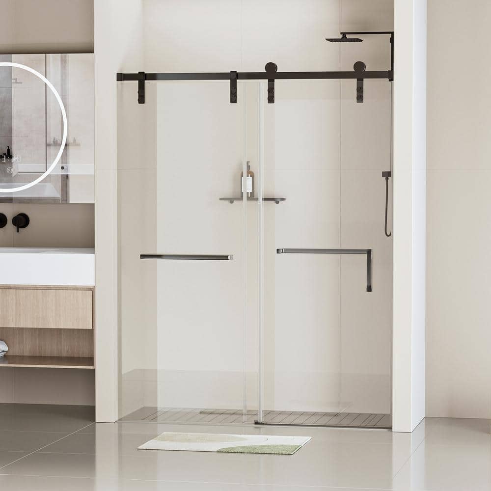 EAKYHOM 60 in. W x 76 in. H Soft Closing Single Sliding Frameless Shower Door in Matte Black Finish with 5/16 in. Tempered Glass