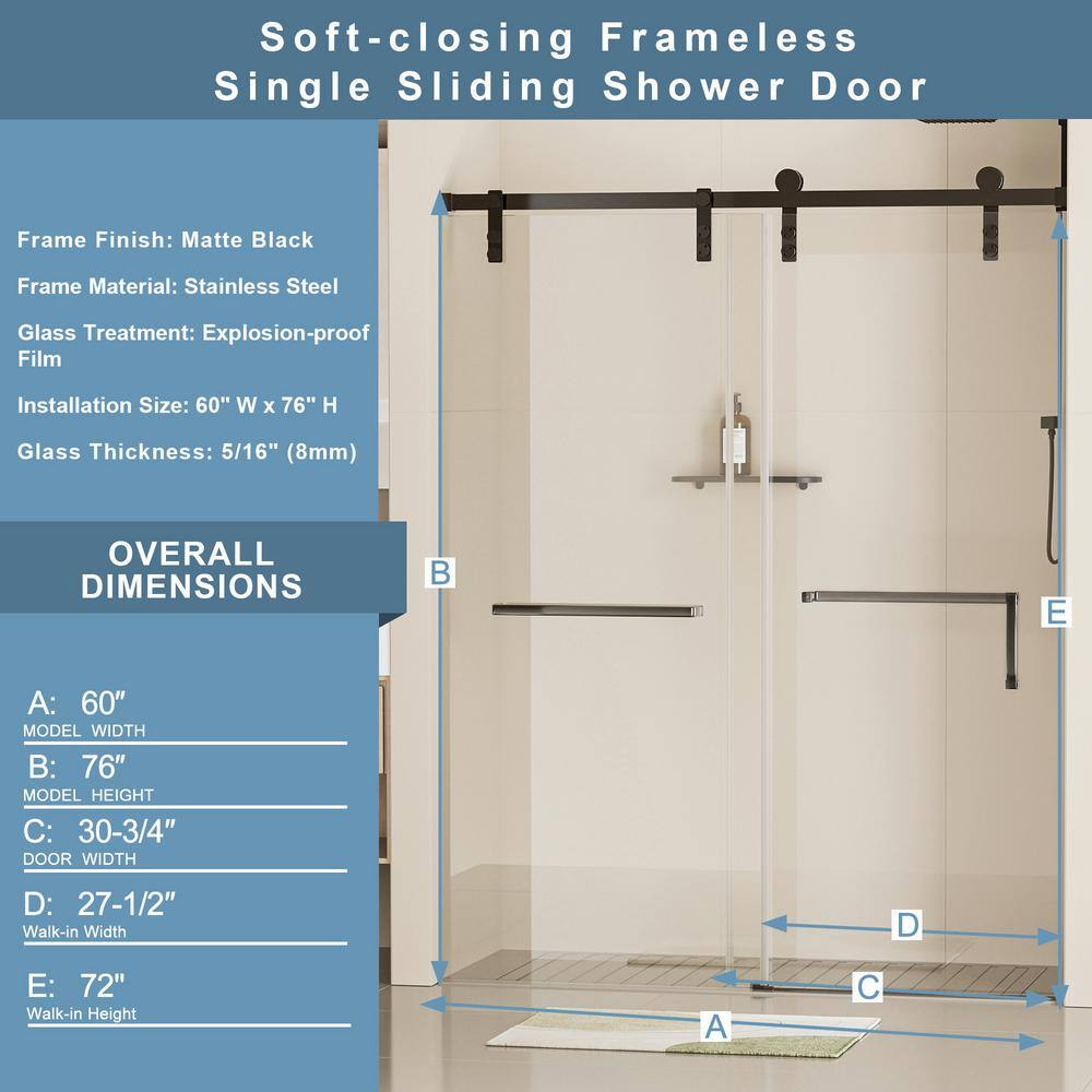EAKYHOM 60 in. W x 76 in. H Soft Closing Single Sliding Frameless Shower Door in Matte Black Finish with 5/16 in. Tempered Glass