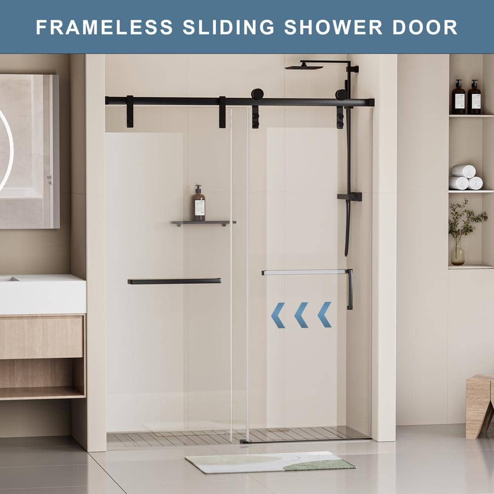 EAKYHOM 60 in. W x 76 in. H Soft Closing Single Sliding Frameless Shower Door in Matte Black Finish with 5/16 in. Tempered Glass