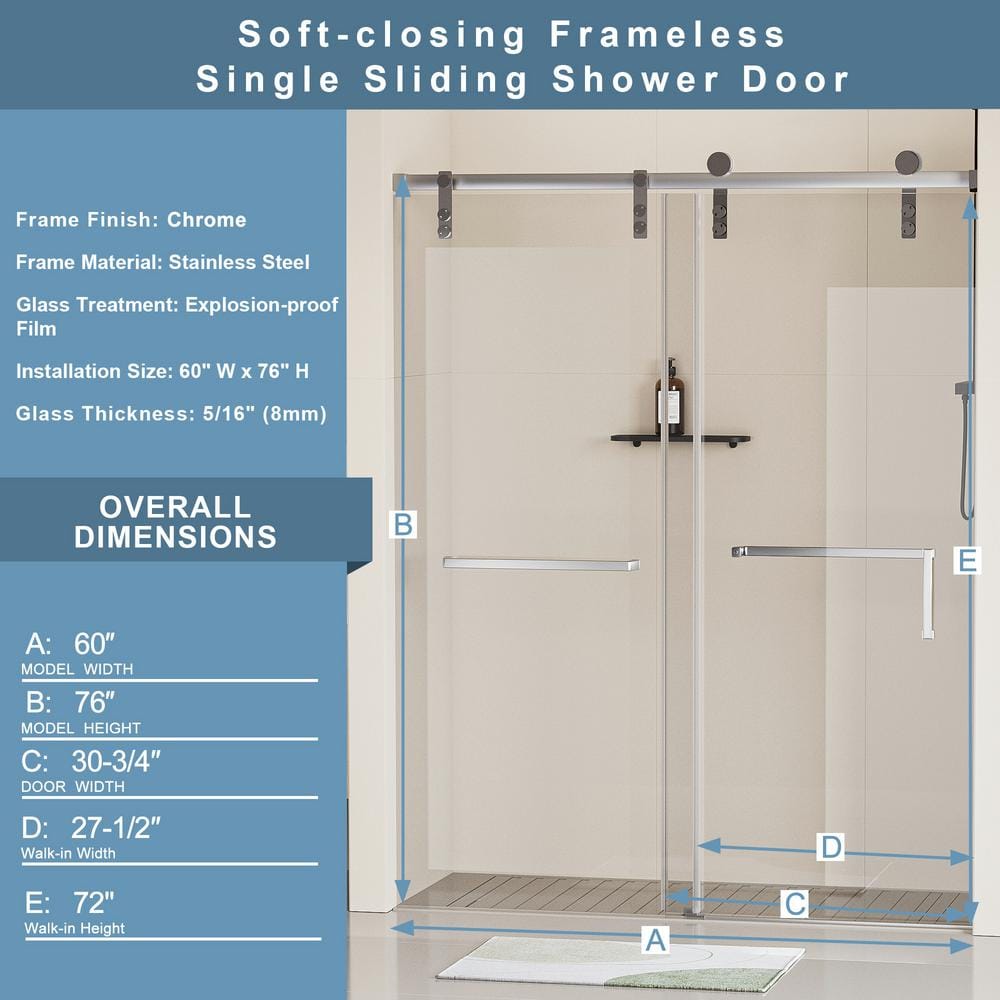 EAKYHOM 60 in. W x 76 in. H Soft Closing Single Sliding Frameless Shower Door in Chrome Finish w/ 5/16 in. Tempered Clear Glass