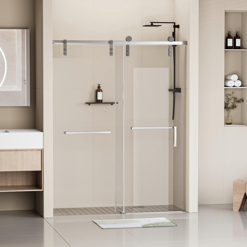 EAKYHOM 60 in. W x 76 in. H Soft Closing Single Sliding Frameless Shower Door in Chrome Finish w/ 5/16 in. Tempered Clear Glass
