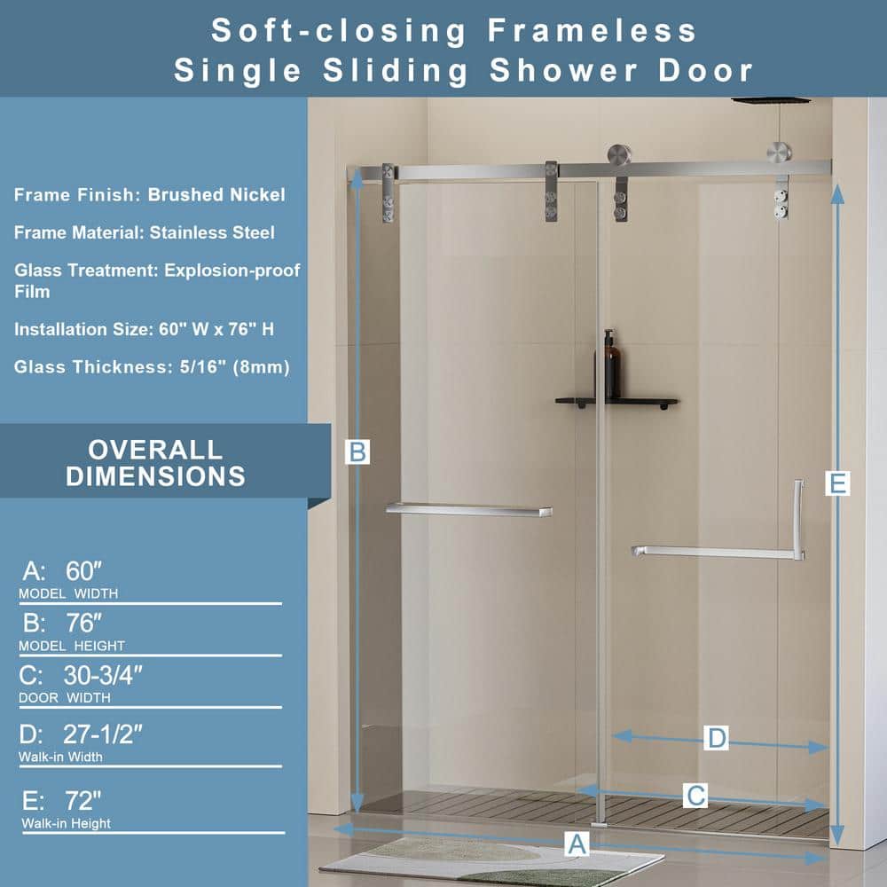 EAKYHOM 60 in. W x 76 in. H Soft Closing Single Sliding Frameless Shower Door in Brushed Nickel Finish with 5/16" Tempered Glass