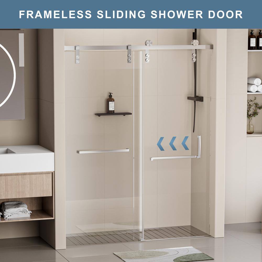 EAKYHOM 60 in. W x 76 in. H Soft Closing Single Sliding Frameless Shower Door in Brushed Nickel Finish with 5/16" Tempered Glass