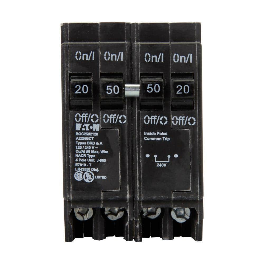 Eaton BR 1- 50 Amp 2-Pole and 2-20 Amp 1 Pole BQC (Common Trip) Quad Circuit Breaker