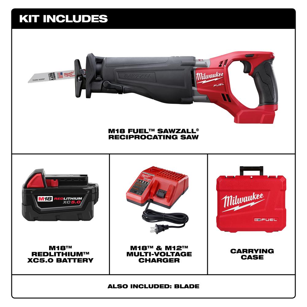 M18 FUEL 18-Volt Lithium-Ion Brushless Cordless SAWZALL Reciprocating Saw Kit with (1) 5.0Ah Batteries, Charger and Case - Super Arbor