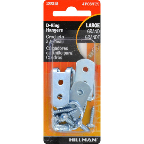 Hillman Large D-Ring Hangers, Zinc, 15 lb Capacity, 4-Pack