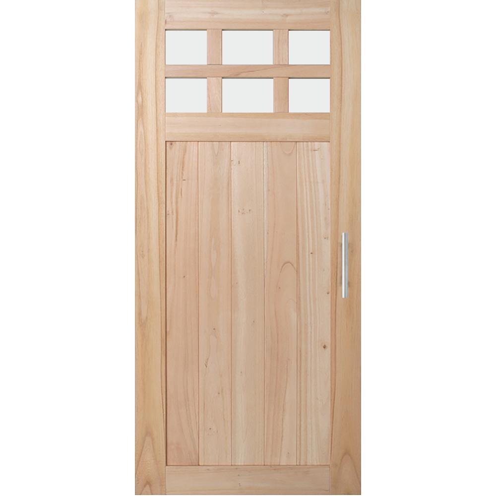 36 in. x 80 in. DesignGlide Farmhouse Unfinished Solid Wood 6-Lite Obscure Glass Sliding Barn Door & Black Hardware Kit - Super Arbor
