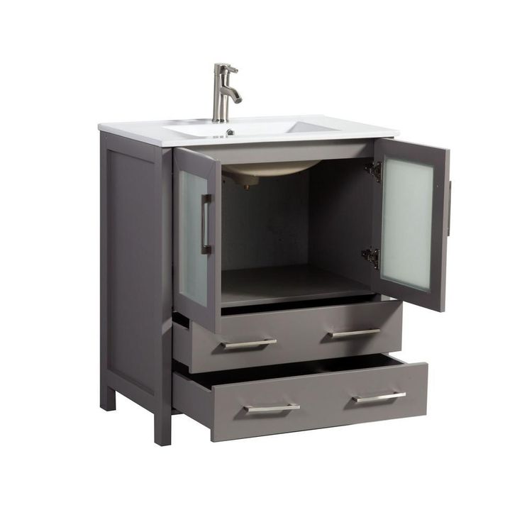 Ravenna 30 in. W x 18.5 in. D x 36 in. H Bathroom Vanity in Grey with Single Basin Top in White Ceramic and Mirror