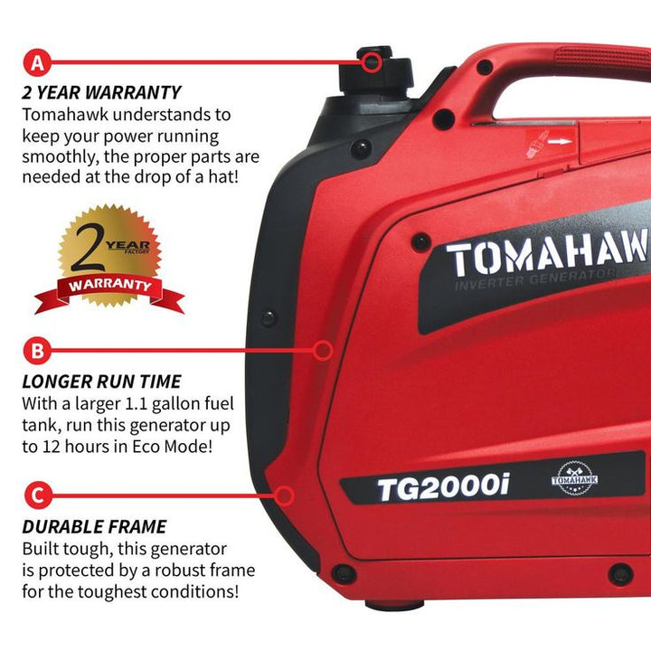 Tomahawk Power 2000-Watt Gas Powered Recoil Start Inverter Generator with 2.5 HP Engine