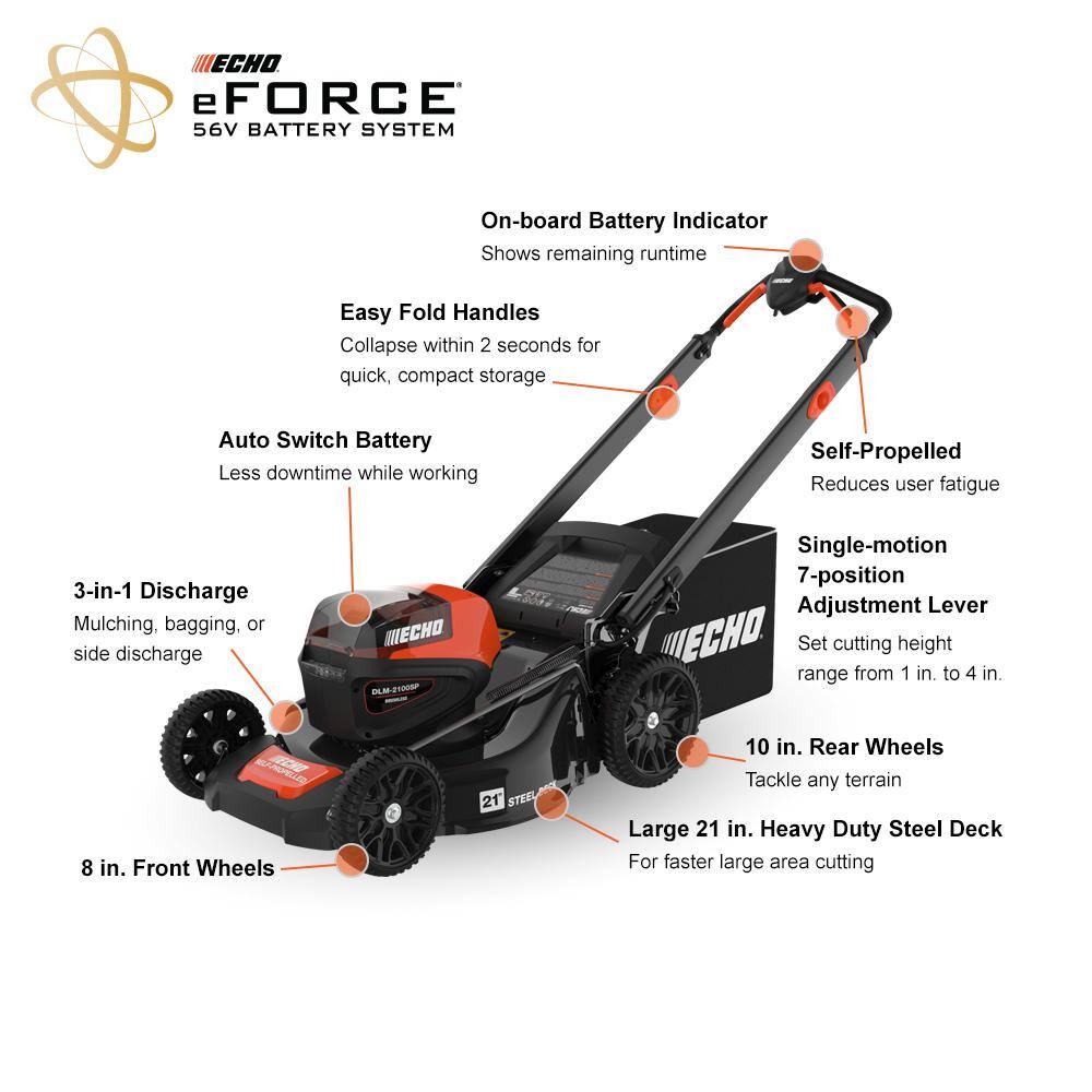 ECHO eFORCE 56V 21 in. Cordless Battery Walk Behind Self-Propelled Lawn Mower with 5.0Ah Battery and Charger