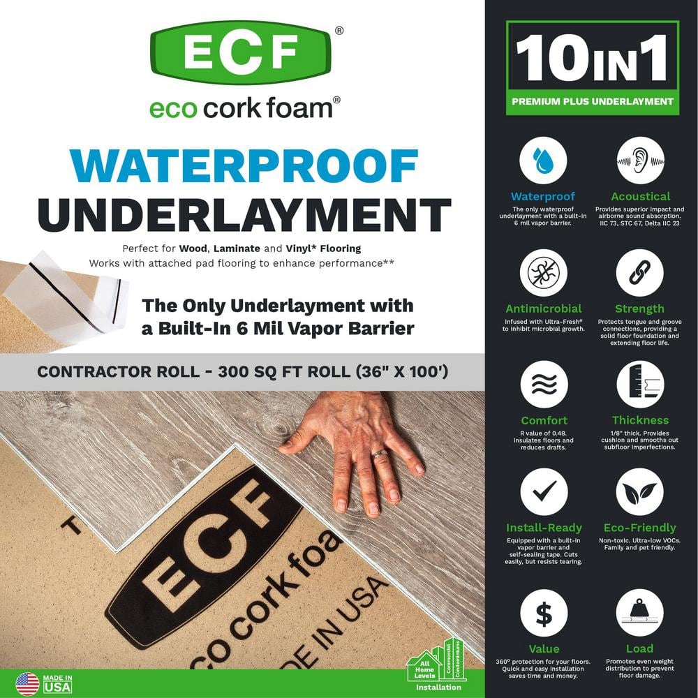 Eco Cork Foam 300 sq. ft. 3 ft. x 100 ft. x3.2mm Waterproof Premium Plus 10-in-1 Underlayment-Vinyl Plank, Laminate, Engineered Wood