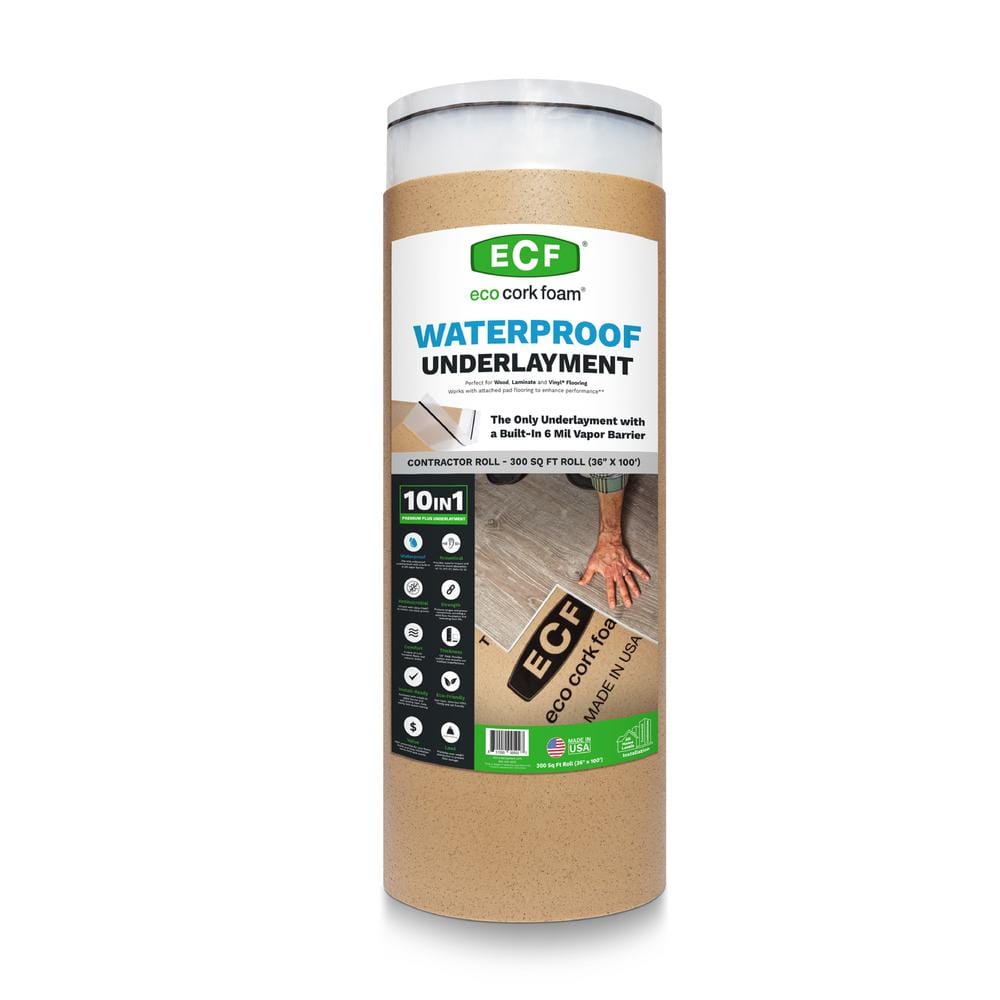 Eco Cork Foam 300 sq. ft. 3 ft. x 100 ft. x3.2mm Waterproof Premium Plus 10-in-1 Underlayment-Vinyl Plank, Laminate, Engineered Wood