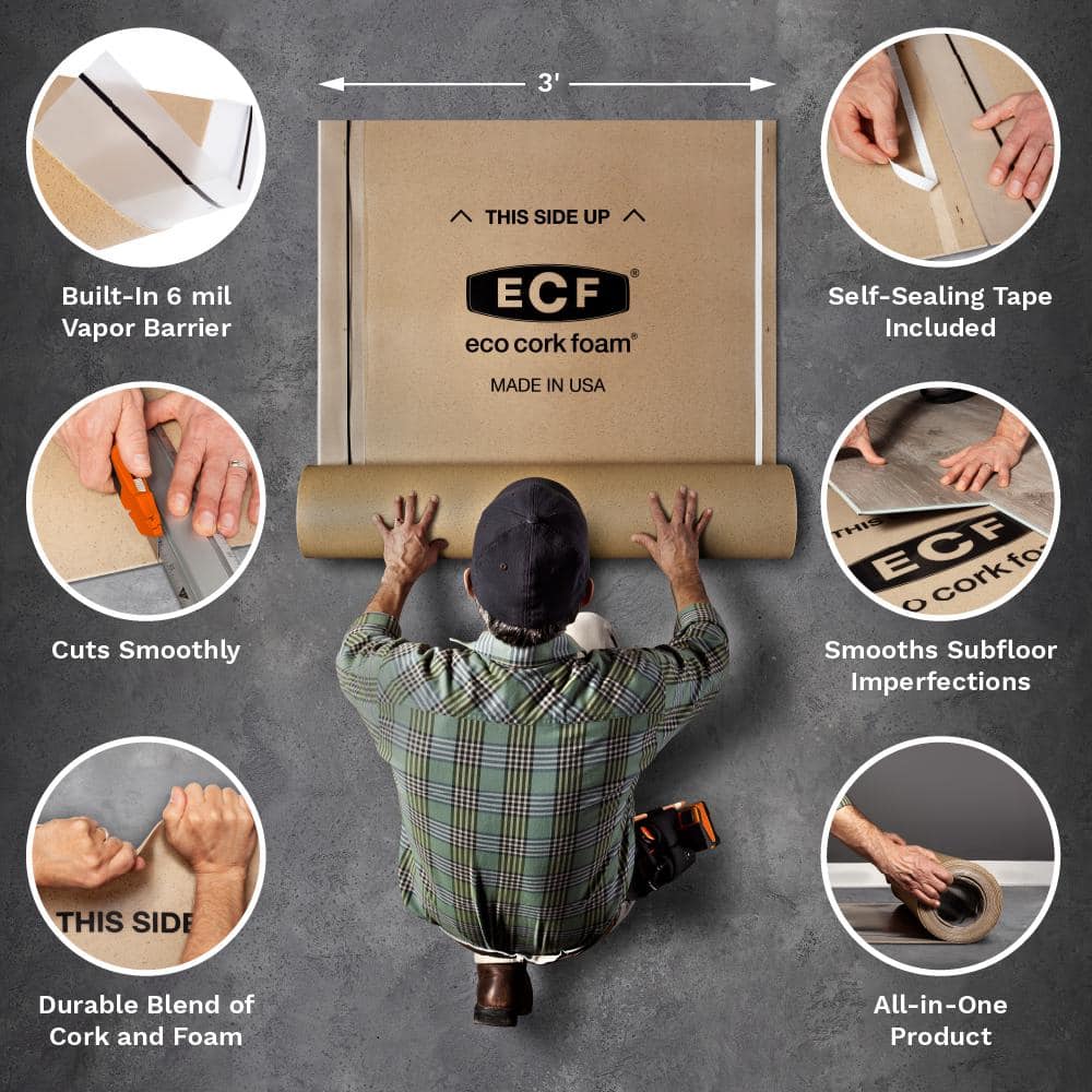 Eco Cork Foam 300 sq. ft. 3 ft. x 100 ft. x3.2mm Waterproof Premium Plus 10-in-1 Underlayment-Vinyl Plank, Laminate, Engineered Wood