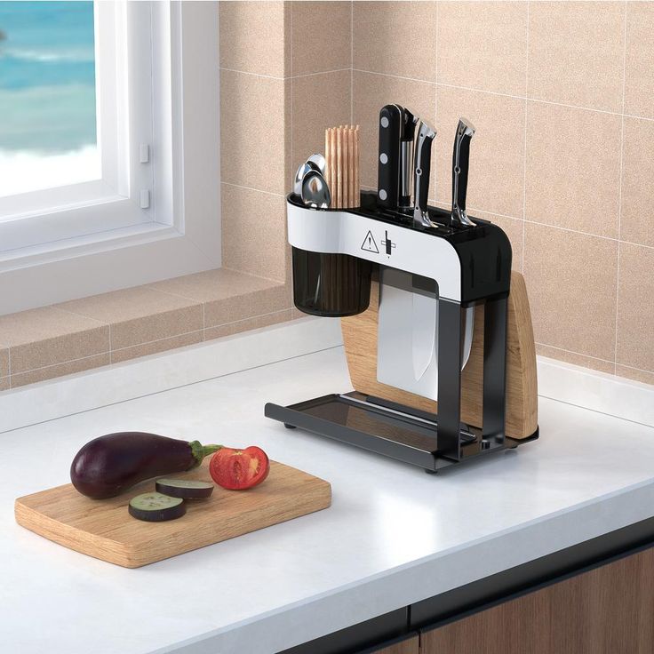 Black Stainless Steel Utensil and Cutlery Rack Kitchen Organizer Drip Tray Knife Storage Block with Cutting-board Holder