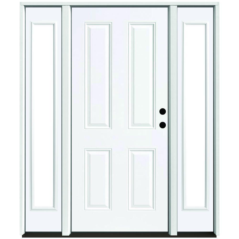 60 in. x 80 in. 4-Panel Primed White Right-Hand Steel Prehung Front Door with 10 in. Clear Glass Sidelites 4 in. Wall - Super Arbor
