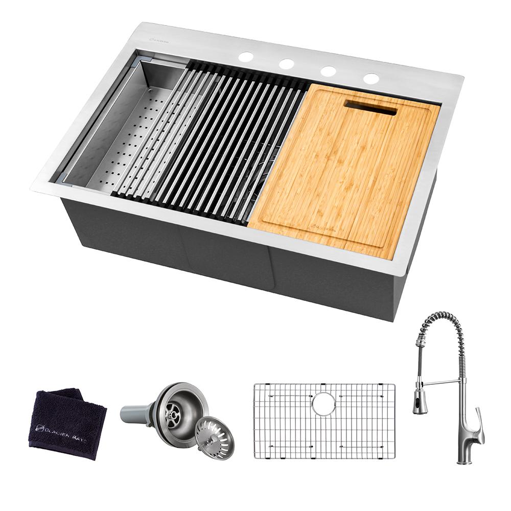 All-in-One Drop-In Stainless Steel 32 in. 4-Hole Single Bowl Kitchen Workstation Sink with Faucet and Accessories - Super Arbor
