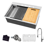 All-in-One Drop-In Stainless Steel 32 in. 4-Hole Single Bowl Kitchen Workstation Sink with Faucet and Accessories - Super Arbor
