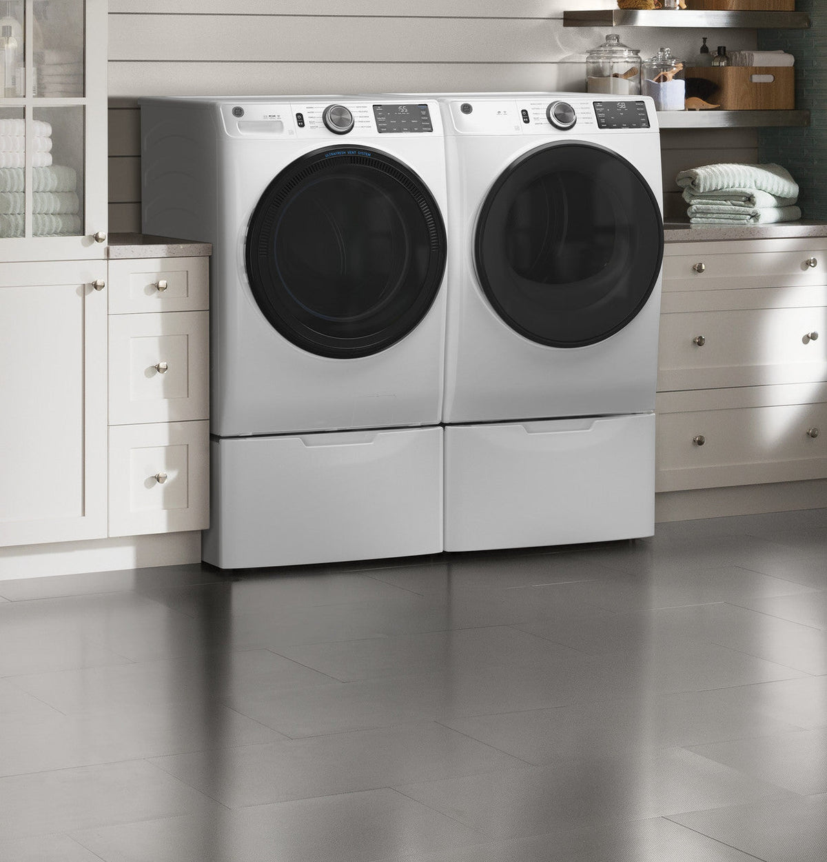 GE 7.8 cu. ft. Smart 240-Volt White Stackable Electric Vented Dryer with Sanitize Cycle, ENERGY STAR