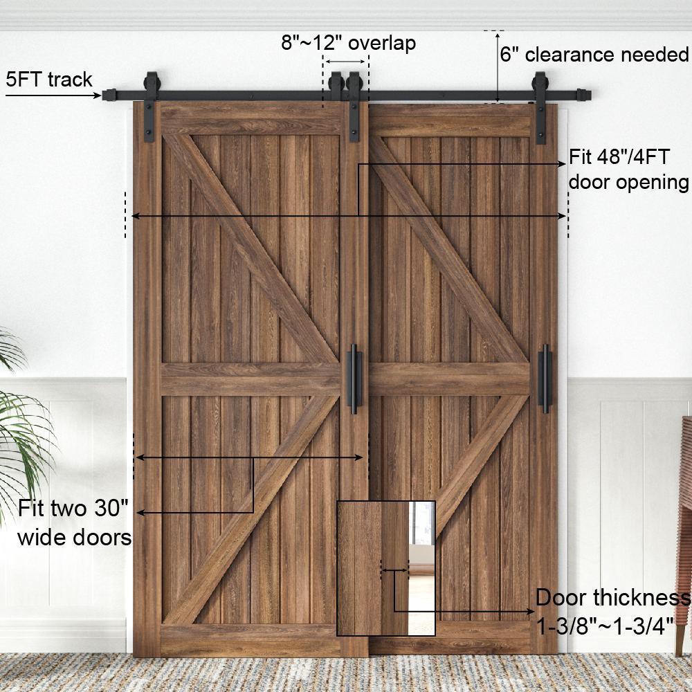 5 ft./60 in. Single Track Bypass Barn Door Hardware Double Doors Kit Heavy Duty Sliding 1 Track Antique Roller - Super Arbor