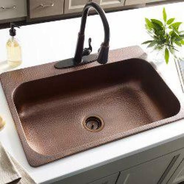 Angelico All-In-One Copper Drop-In 33 in. 3-Hole Single Bowl Kitchen Sink with Pfister Bronze Faucet and Drain