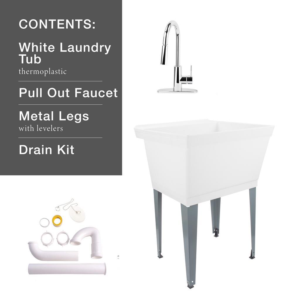 Complete 22.875 in. x 23.5 in. White 19 Gal. Utility Sink Set with Metal Hybrid Chrome High Arc Pull-Down Faucet - Super Arbor