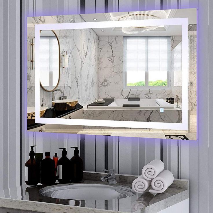 39.5 in x 28.5 in. White/Blue LED Lighted Mirror With Touch Sensor