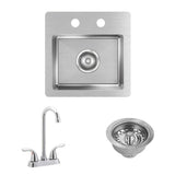 Crosstown Drop-In/Undermount Stainless Steel 15 in. 2-Hole Single Bowl Bar Sink - Super Arbor