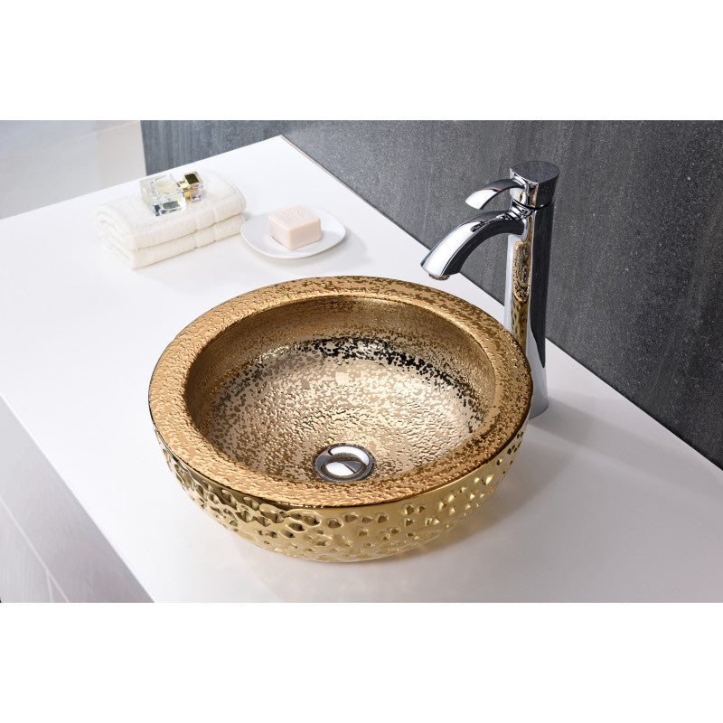 ANZZI Regalia Series Vessel Sink in Smoothed Gold, 16.5 in. Round Tempered Deco-Glass