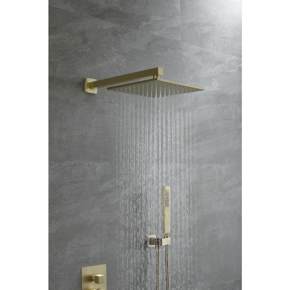 1-Spray Patterns with 2.66 GPM 10 in. Wall Mount Dual Shower Heads with Rough-In Valve Body and Trim in Brushed Gold - Super Arbor