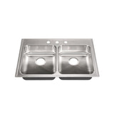 2-Bowl, Drop-In, ADA with Faucet Ledge, 18-Gauge, SS Sink, 2-Compartment, O.D. 22 in. x 33 in. 3-Hole, Drain Center Rear