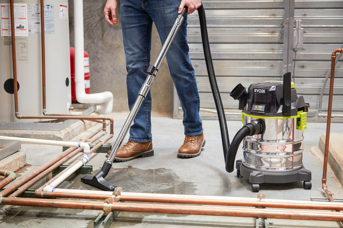 RYOBI ONE+ 18V Cordless 4.75 Gallon Wet/Dry Vacuum (Tool Only) with Hose, Crevice Tool, Floor Nozzle, and Extension Wands