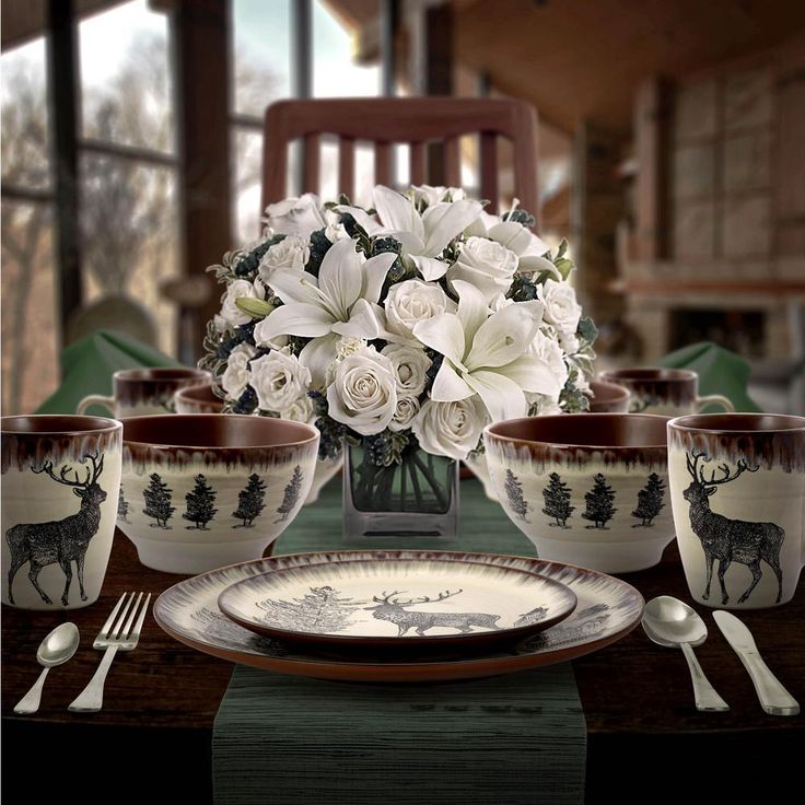 Majestic Elk 16-Piece Seasonal Taupe Stoneware Dinnerware Set (Service for 4)