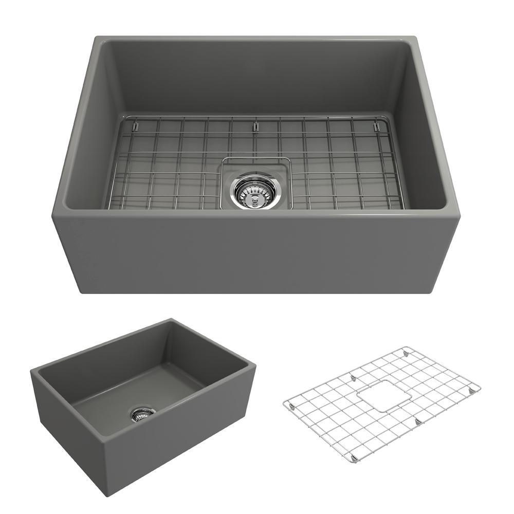 Contempo Farmhouse Apron Front Fireclay 27 in. Single Bowl Kitchen Sink with Bottom Grid and Strainer in White - Super Arbor
