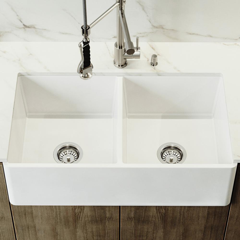 Matte Stone White Composite 33 in. Double Bowl Reversible Flat Farmhouse Apron-Front Kitchen Sink with 2 Strainers - Super Arbor