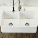 Matte Stone White Composite 33 in. Double Bowl Reversible Flat Farmhouse Apron-Front Kitchen Sink with 2 Strainers - Super Arbor