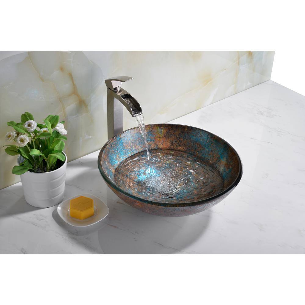 ANZZI Tara Deco-Glass Vessel Sink, 16.5 in Round, Emerald Burst with Chrome Pop-Up Drain