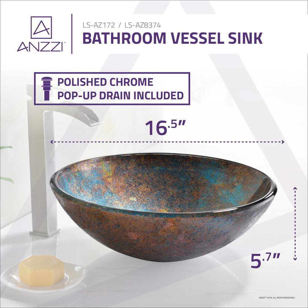 ANZZI Tara Deco-Glass Vessel Sink, 16.5 in Round, Emerald Burst with Chrome Pop-Up Drain