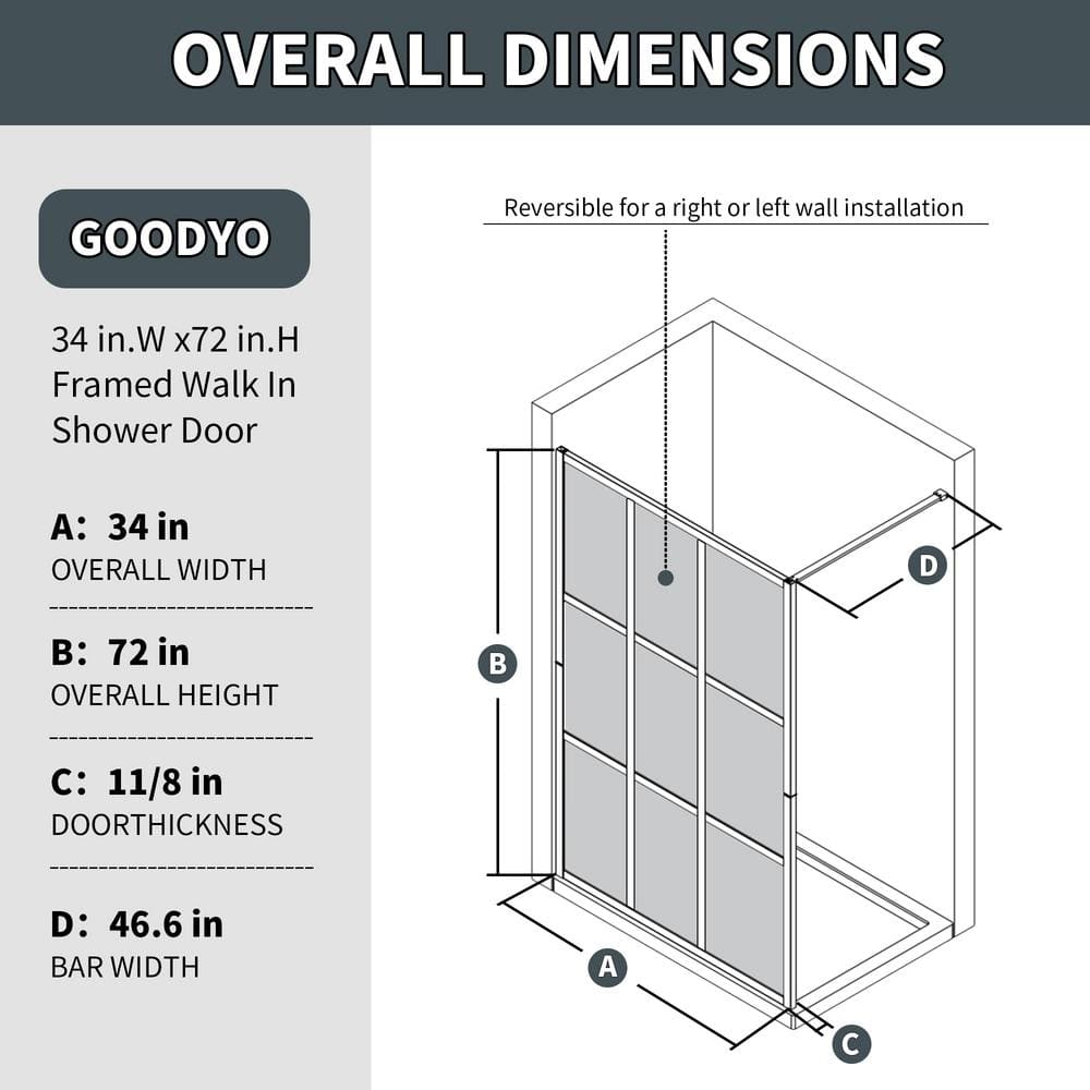 ES-DIY 34 in. W x 72 in. H Fixed Single Panel Framed Shower Door in Black Finish with Clear Glass