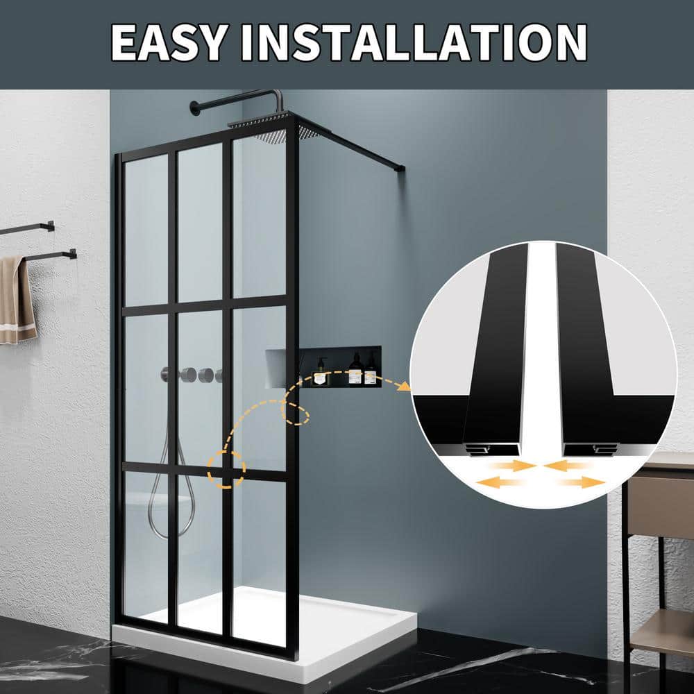 ES-DIY 34 in. W x 72 in. H Fixed Single Panel Framed Shower Door in Black Finish with Clear Glass