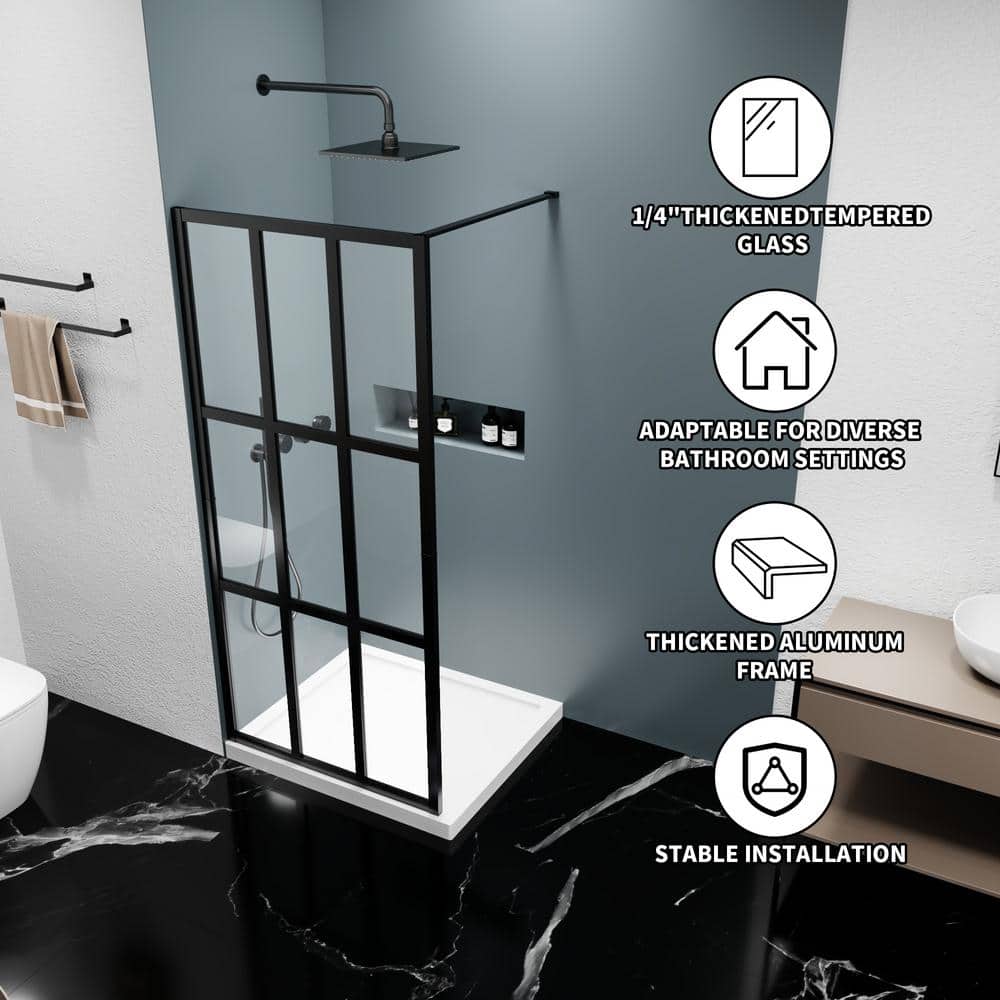 ES-DIY 34 in. W x 72 in. H Fixed Single Panel Framed Shower Door in Black Finish with Clear Glass