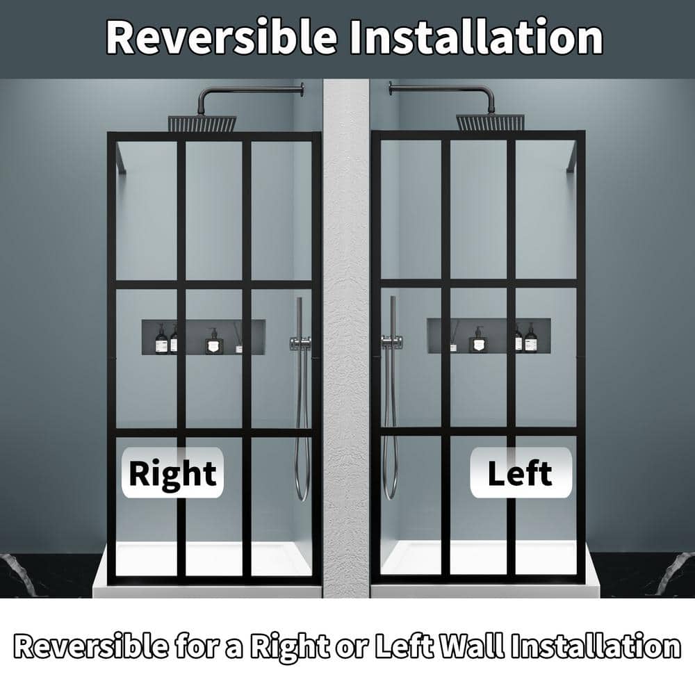 ES-DIY 34 in. W x 72 in. H Fixed Single Panel Framed Shower Door in Black Finish with Clear Glass