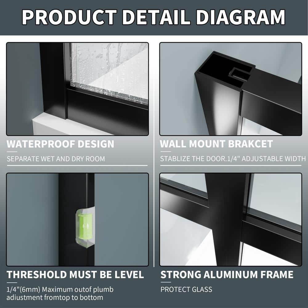 ES-DIY 34 in. W x 72 in. H Fixed Single Panel Framed Shower Door in Black Finish with Clear Glass