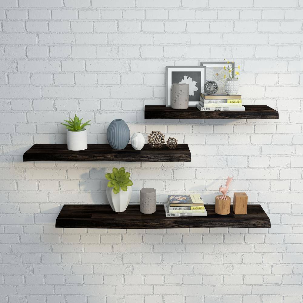 Interbuild Solid 2.3 ft. L x 10 in. D x 1.5 in. T, Acacia Butcher Block Floating Wall Shelf, Espresso with Live Edge