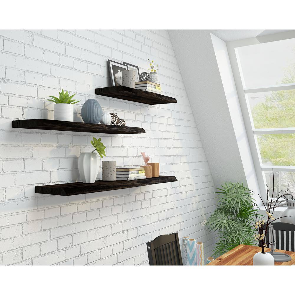 Interbuild Solid 2.3 ft. L x 10 in. D x 1.5 in. T, Acacia Butcher Block Floating Wall Shelf, Espresso with Live Edge