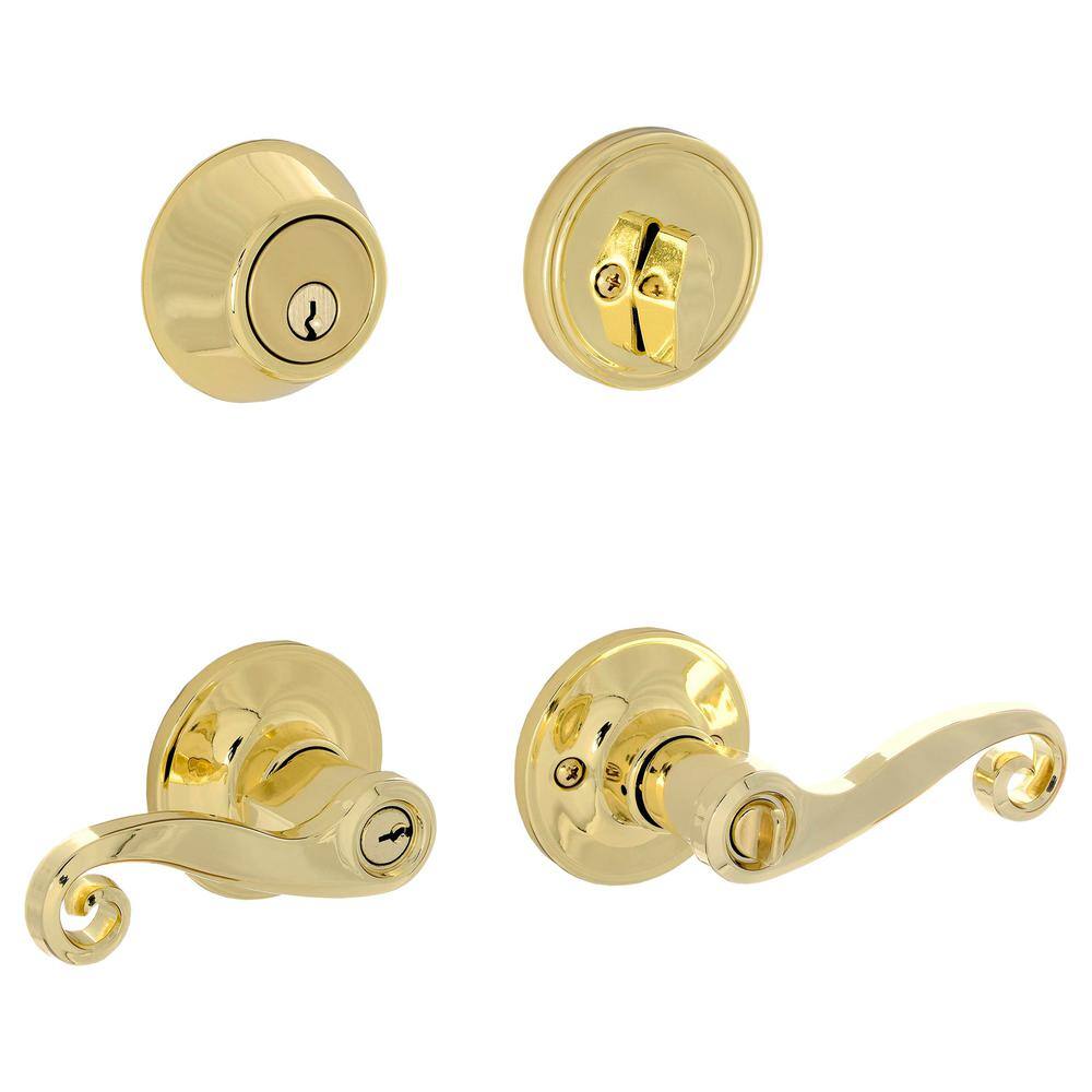 Schlage Essentials Acton Bright Brass Entry Single Cylinder Deadbolt & Keyed Lever Combo Pack (VC60 V ACT 605)