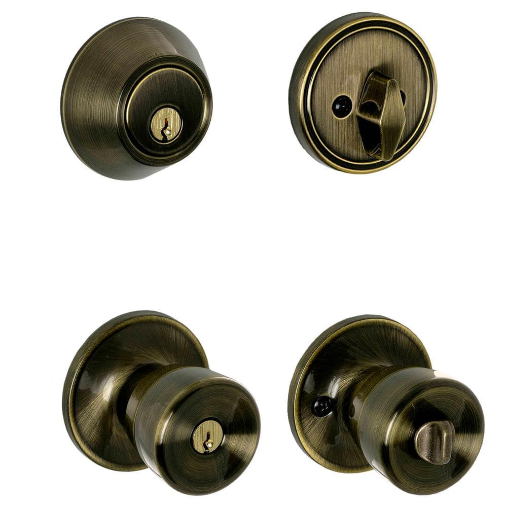 Schlage ESSENTIALS Brill Antique Brass Single Cylinder Deadbolt & Keyed Entry Door Knob Combo Pack