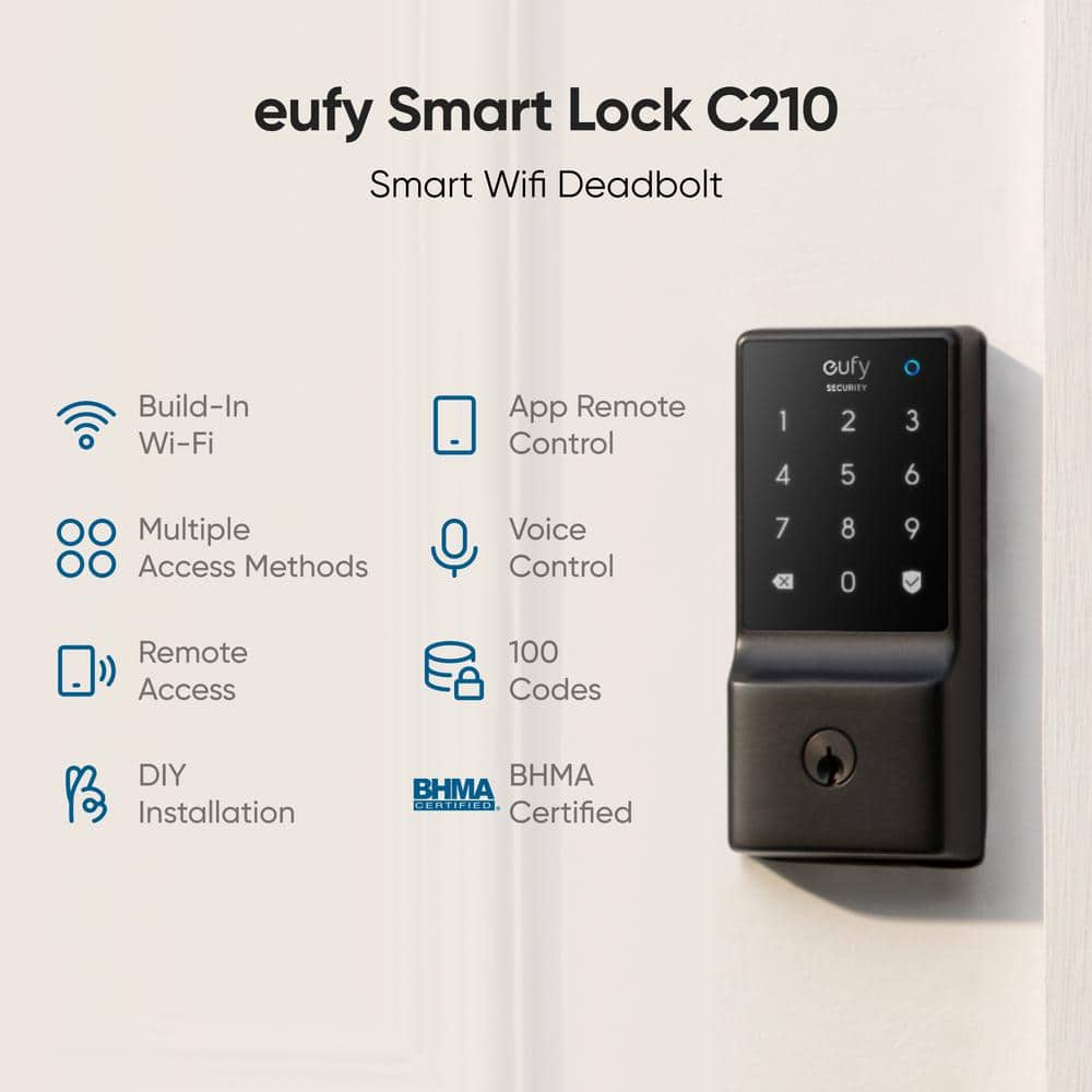 eufy Security C210 Black Smart Lock Wi-Fi with 5-in-1 Ways to Unlock by Mobile App, Keypad, Key, Apple Watch and Smart Assistants