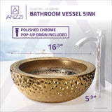 ANZZI Regalia Series Vessel Sink in Smoothed Gold, 16.5 in. Round Tempered Deco-Glass