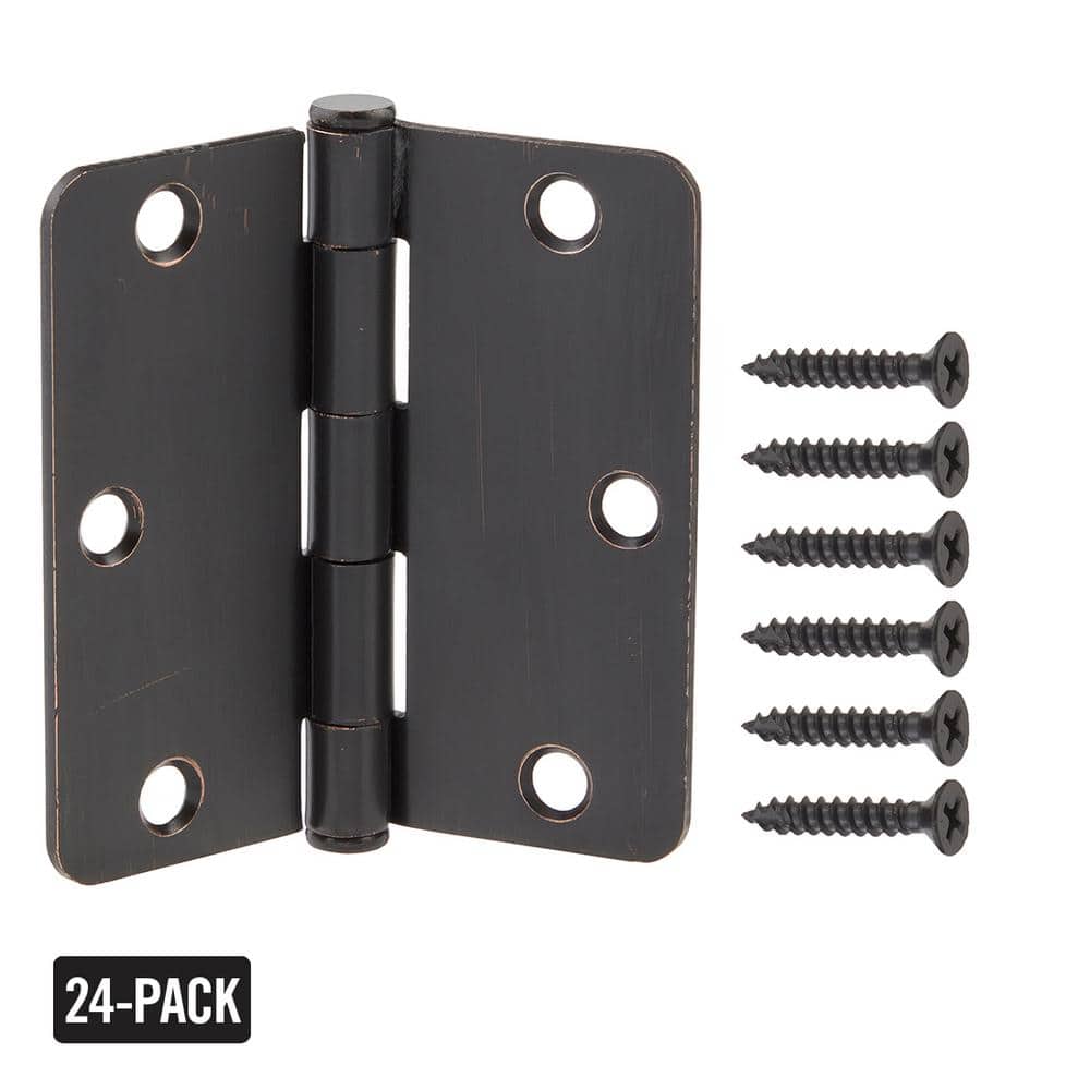Everbilt 3-1/2 in. x 1/4 in. Radius Brushed Oil-Rubbed Bronze Door Hinge Value Pack (24-Pack)